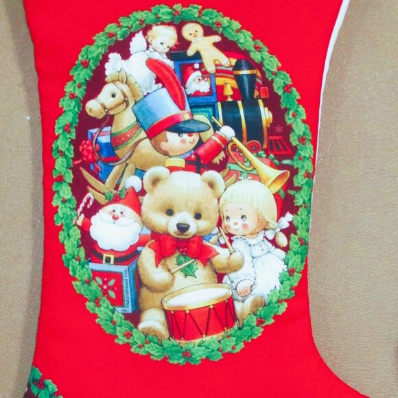 Set Of 2 Christmas Stockings 18" X 10" Teddy Bear & Toy Design Satin-Like Fabric - Picture 3 of 3